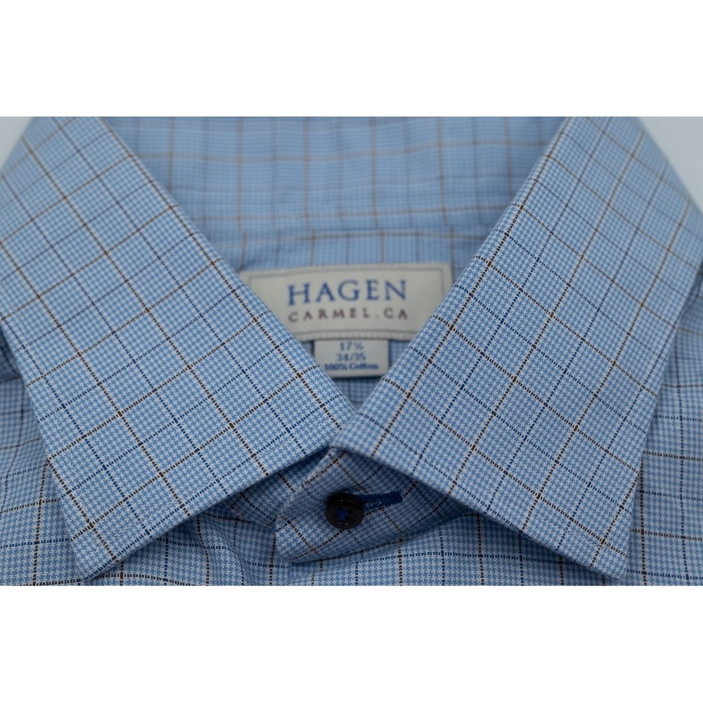Hagen Carmel CA Mens Dress Shirt 17.5 34/35 Blue Check Cotton Button Up L/S